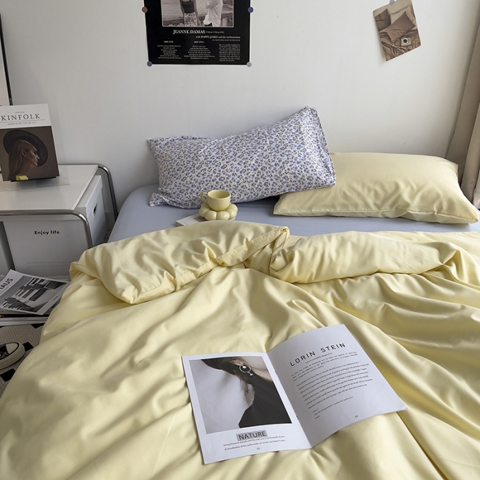 91家纺网 家纺一手货源 找家纺 曼谷 新款亲肤棉纯色双拼北欧风碎花简约四件套 芝士浅蓝（小兰花）