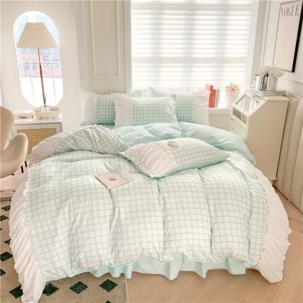 91家纺网 家纺一手货源 找家纺 逸尚阁 2023新款水洗磨毛花边四件套 格娜-清新绿