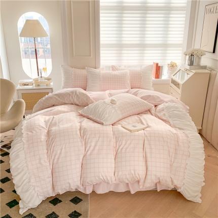 91家纺网 家纺一手货源 找家纺 逸尚阁 2023新款水洗磨毛花边四件套 格娜-仙女粉