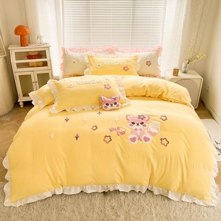 91家纺网 家纺一手货源 找家纺 泉欣家纺23款小精灵系列加厚水洗亲肤棉毛巾绣四件套小精灵浅黄