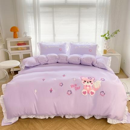 91家纺网 家纺一手货源 找家纺 泉欣家纺2024新款小精灵系列加厚水洗亲肤棉毛巾绣四件套小精灵香芋紫