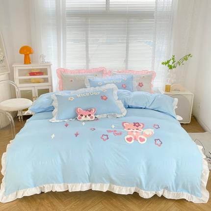 91家纺网 家纺一手货源 找家纺 泉欣家纺2024款小精灵系列加厚水洗亲肤棉毛巾绣四件套小精灵浅蓝