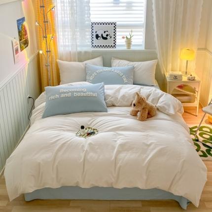 泽西 2023新款40支双拼全棉水洗棉毛巾绣四件套 双拼-白蓝