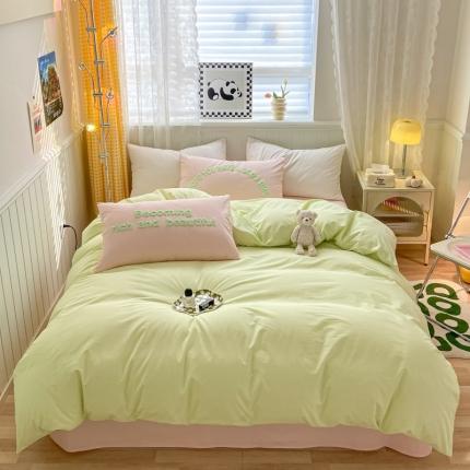 泽西 2023新款40支双拼全棉水洗棉毛巾绣四件套 双拼-绿粉