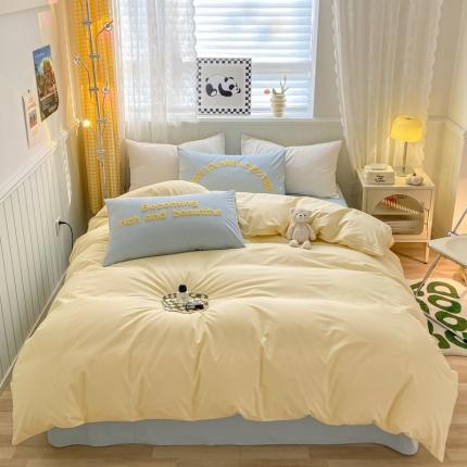 泽西 2023新款40支双拼全棉水洗棉毛巾绣四件套 双拼-奶油黄蓝