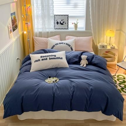 泽西 2023新款40支双拼全棉水洗棉毛巾绣四件套 双拼-深蓝