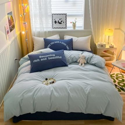 泽西 2023新款40支双拼全棉水洗棉毛巾绣四件套 双拼-双蓝