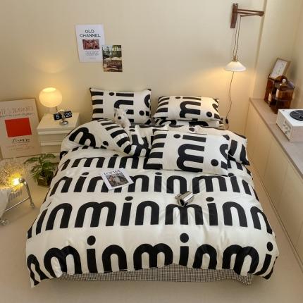 91家纺网 家纺一手货源 找家纺 桃子 2023新款ins时尚简约北欧纯棉系列四件套 棉-m字母黑