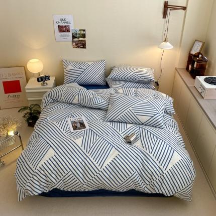 91家纺网 家纺一手货源 找家纺 桃子 2023新款ins时尚简约北欧纯棉系列四件套 棉-几何线条蓝