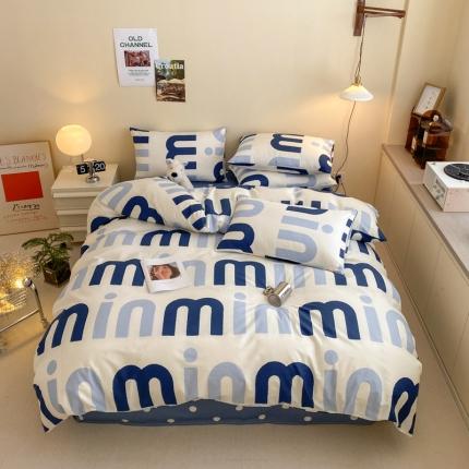 91家纺网 家纺一手货源 找家纺 桃子 2023新款ins时尚简约北欧纯棉系列四件套 棉-蓝色字母