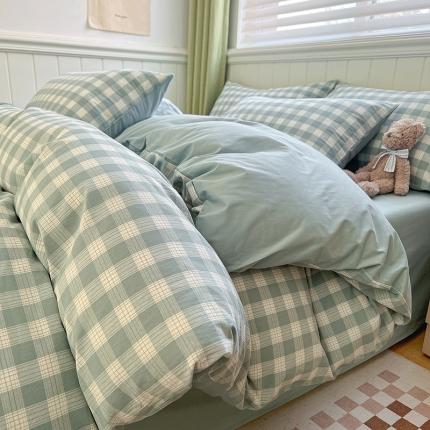 91家纺网 家纺一手货源 找家纺 琪格格 2023新款全棉色织水洗棉四件套 三分格绿