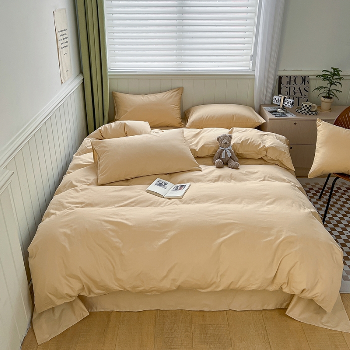 91家纺网 家纺一手货源 找家纺 琪格格 2023新款全棉色织水洗棉四件套 奶茶纯色