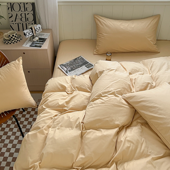 91家纺网 家纺一手货源 找家纺 琪格格 2023新款全棉色织水洗棉四件套 奶茶纯色