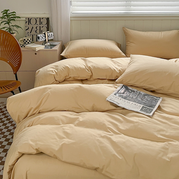 91家纺网 家纺一手货源 找家纺 琪格格 2023新款全棉色织水洗棉四件套 奶茶纯色