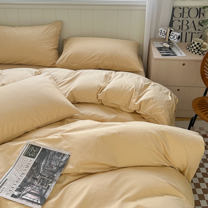 91家纺网 家纺一手货源 找家纺 琪格格 2023新款全棉色织水洗棉四件套 奶茶纯色