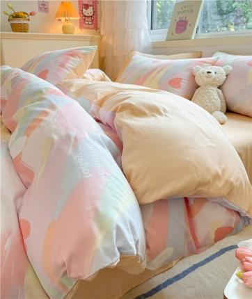 91家纺网 家纺一手货源 找家纺 琪格格 2023新款纯棉13372爆款小清新四件套 彩虹糖