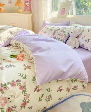 91家纺网 家纺一手货源 找家纺 琪格格 2023新款纯棉13372爆款小清新四件套 小兔庄园-米黄