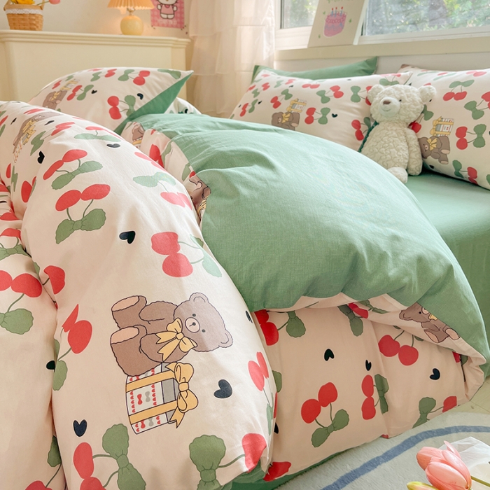 91家纺网 家纺一手货源 找家纺 琪格格 2023新款纯棉13372爆款小清新四件套 樱桃宝贝