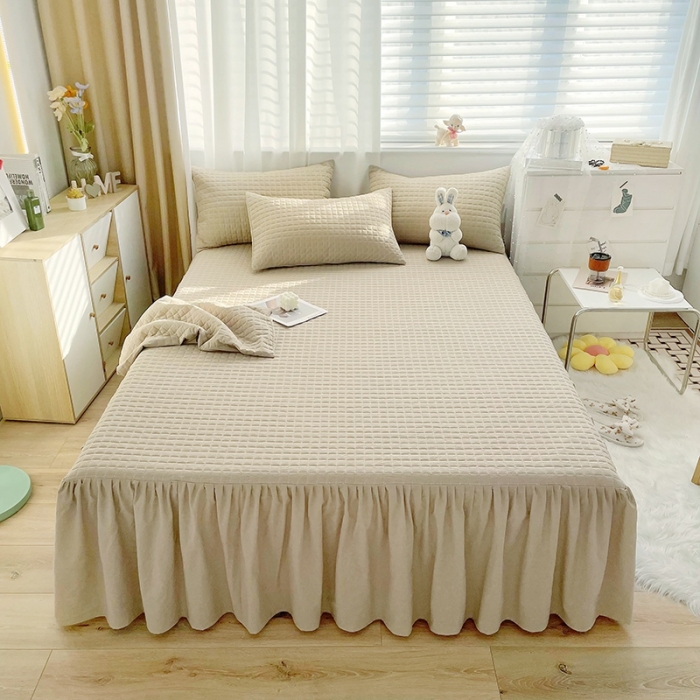 91家纺网 家纺一手货源 找家纺 忘忧草 2023新款全棉色织水洗棉床裙纯棉夹棉加厚纯色无印 格韵-卡其