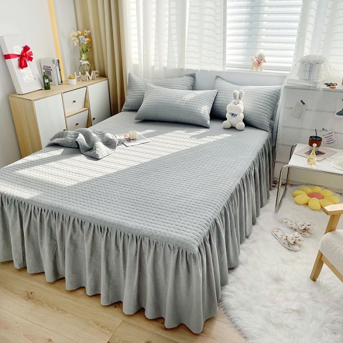 91家纺网 家纺一手货源 找家纺 忘忧草 2023新款全棉色织水洗棉床裙纯棉夹棉加厚纯色无印 格韵-灰色