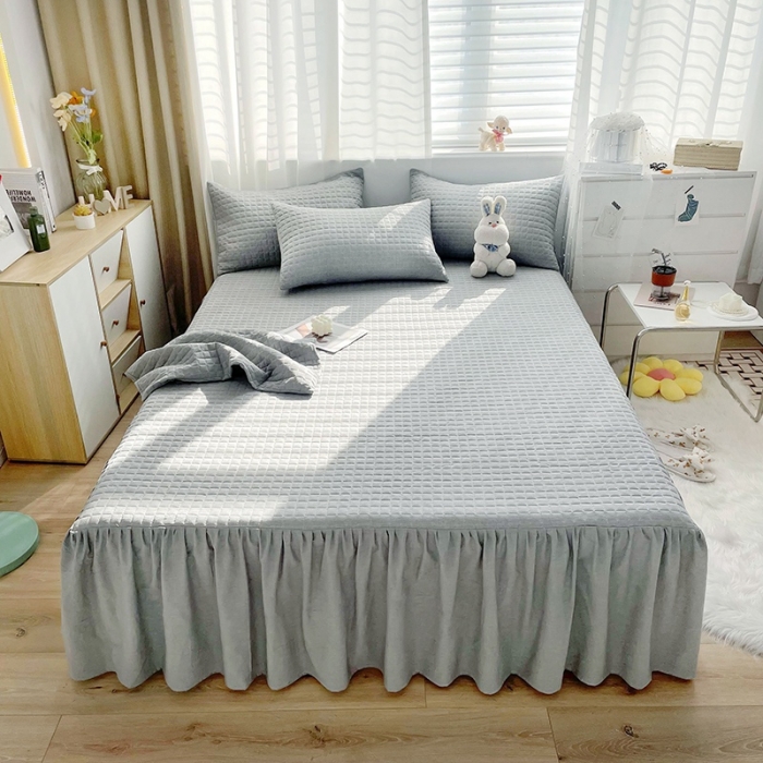 91家纺网 家纺一手货源 找家纺 忘忧草 2023新款全棉色织水洗棉床裙纯棉夹棉加厚纯色无印 格韵-灰色