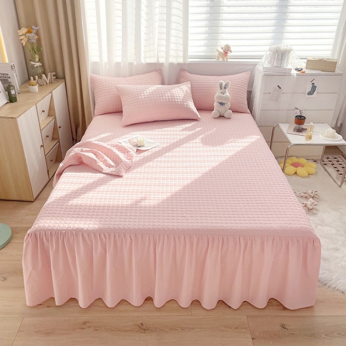 91家纺网 家纺一手货源 找家纺 忘忧草 2023新款全棉色织水洗棉床裙纯棉夹棉加厚纯色无印 格韵-粉玉