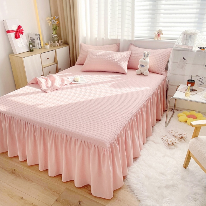 91家纺网 家纺一手货源 找家纺 忘忧草 2023新款全棉色织水洗棉床裙纯棉夹棉加厚纯色无印 格韵-粉玉