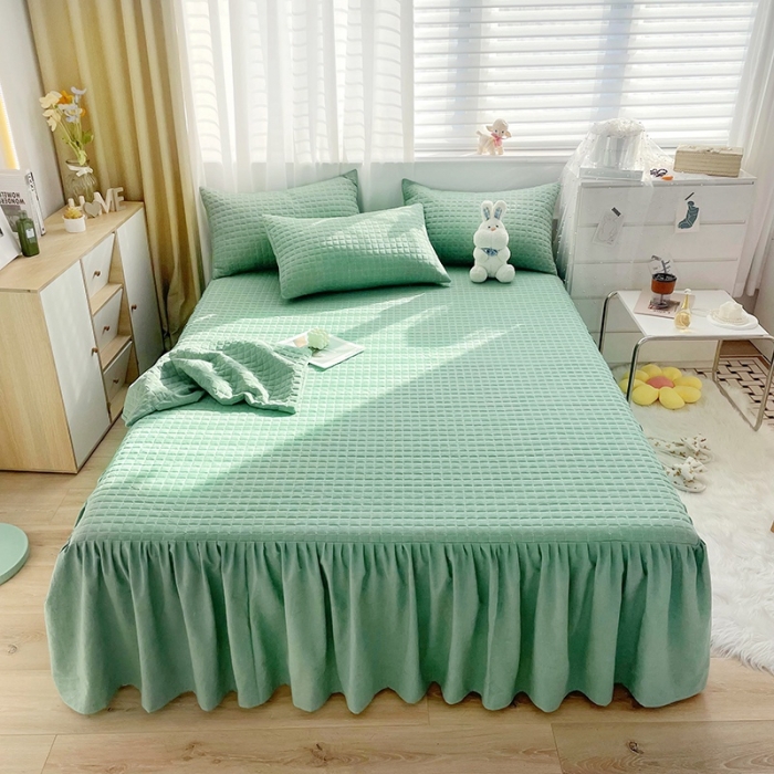 91家纺网 家纺一手货源 找家纺 忘忧草 2023新款全棉色织水洗棉床裙纯棉夹棉加厚纯色无印 格韵-豆绿