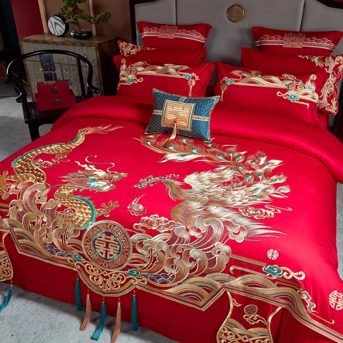 91家纺网 家纺一手货源 找家纺 2022高支高密长绒棉婚庆套件 盛世龙凤