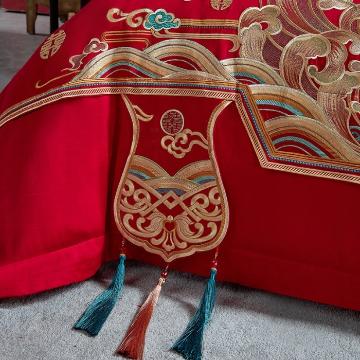 91家纺网 家纺一手货源 找家纺 2022高支高密长绒棉婚庆套件 盛世龙凤