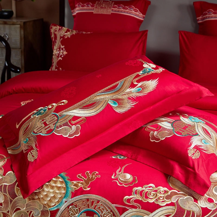 91家纺网 家纺一手货源 找家纺 2022高支高密长绒棉婚庆套件 盛世龙凤