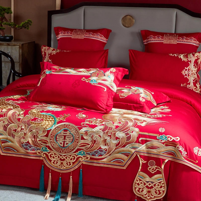 91家纺网 家纺一手货源 找家纺 2022高支高密长绒棉婚庆套件 盛世龙凤