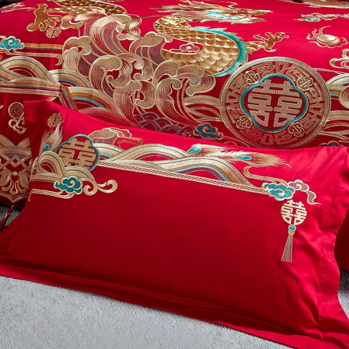 91家纺网 家纺一手货源 找家纺 2022高支高密长绒棉婚庆套件 盛世龙凤