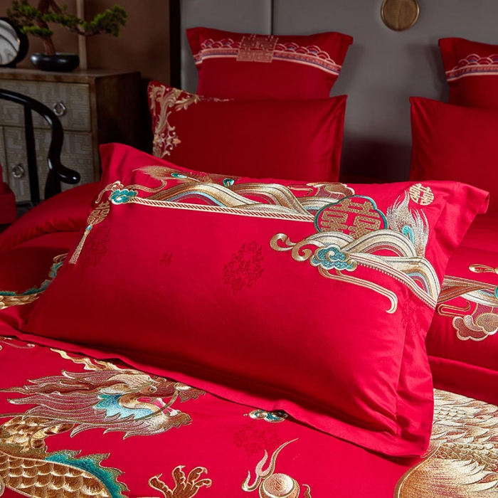 91家纺网 家纺一手货源 找家纺 2022高支高密长绒棉婚庆套件 盛世龙凤