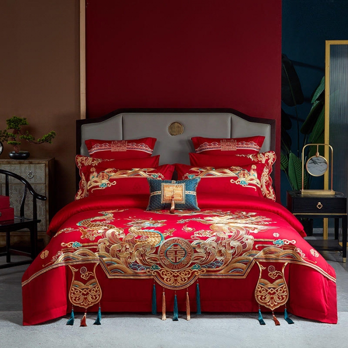 91家纺网 家纺一手货源 找家纺 2022高支高密长绒棉婚庆套件 盛世龙凤