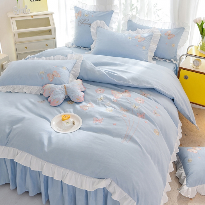 91家纺网 家纺一手货源 找家纺 绒世界 2024新款秋冬保暖云锦棉刺绣花边春卉系列四件套 春卉-慕蓝