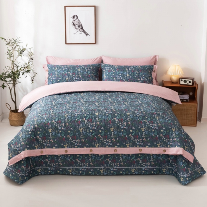 91家纺网 家纺一手货源 找家纺 优乐家纺 2023新款全棉印花绗绣四件套 向阳花开