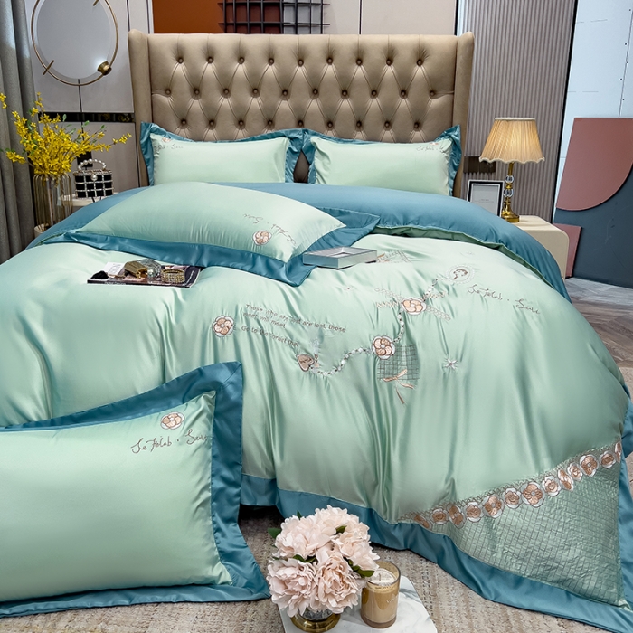 91家纺网 家纺一手货源 找家纺 绒世界 2024新款水洗真丝莱娅系列四件套 莱娅-薄荷绿