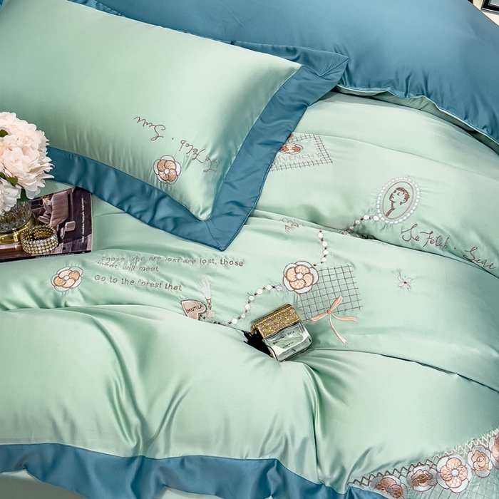 91家纺网 家纺一手货源 找家纺 绒世界 2024新款水洗真丝莱娅系列四件套 莱娅-薄荷绿
