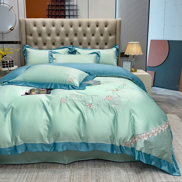 91家纺网 家纺一手货源 找家纺 绒世界 2024新款水洗真丝莱娅系列四件套 莱娅-薄荷绿