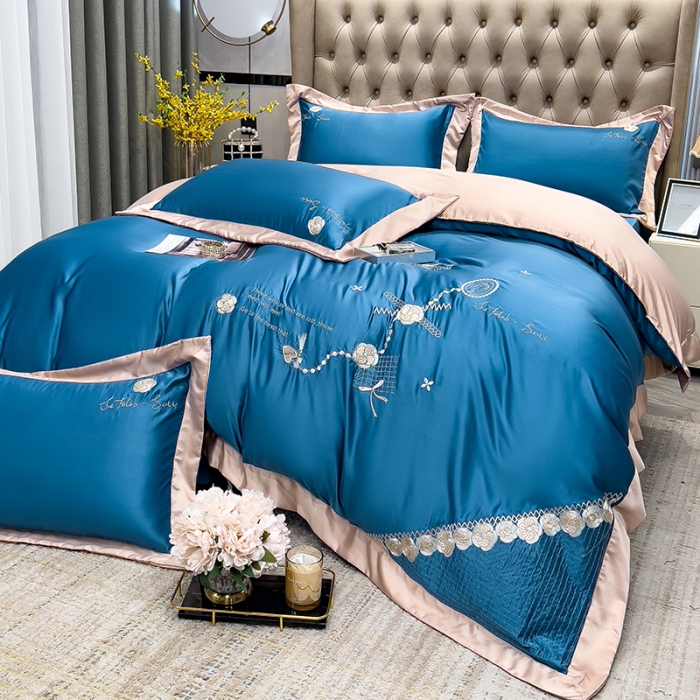 91家纺网 家纺一手货源 找家纺 绒世界 2024新款水洗真丝莱娅系列四件套 莱娅-宾利蓝