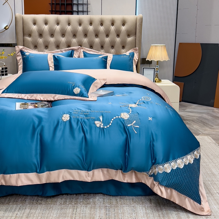 91家纺网 家纺一手货源 找家纺 绒世界 2024新款水洗真丝莱娅系列四件套 莱娅-宾利蓝