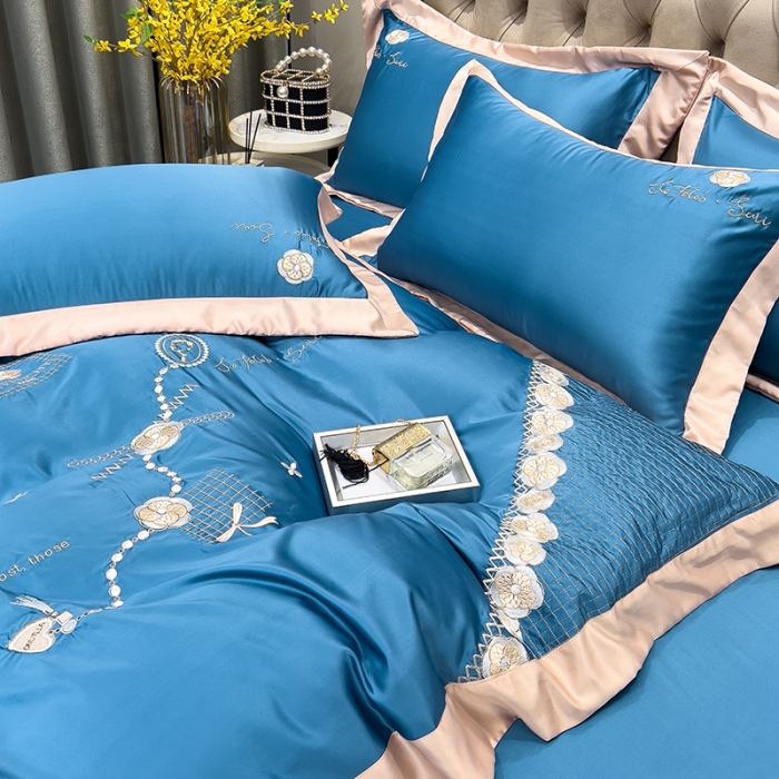 91家纺网 家纺一手货源 找家纺 绒世界 2024新款水洗真丝莱娅系列四件套 莱娅-宾利蓝