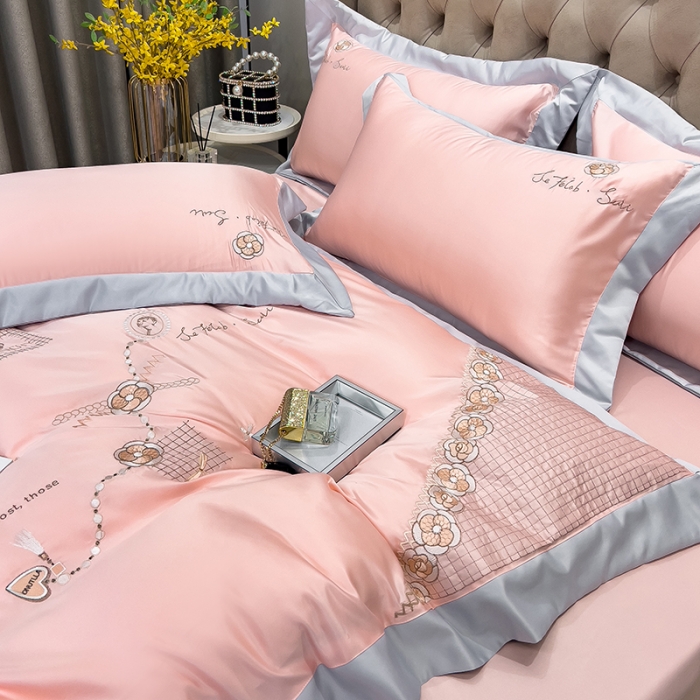 91家纺网 家纺一手货源 找家纺 绒世界 2024新款水洗真丝莱娅系列四件套 莱娅-粉色