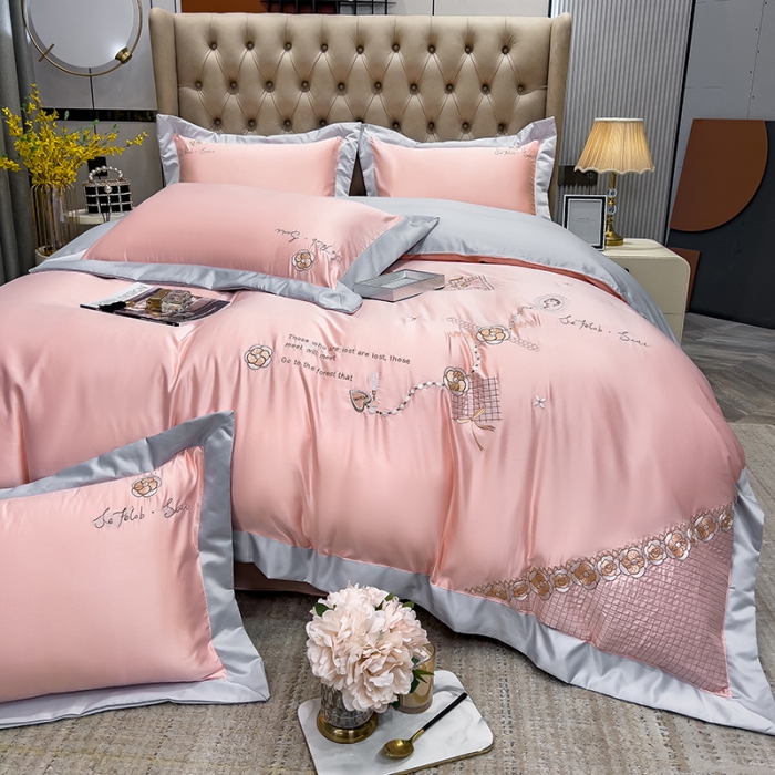 91家纺网 家纺一手货源 找家纺 绒世界 2024新款水洗真丝莱娅系列四件套 莱娅-粉色