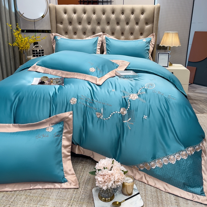 91家纺网 家纺一手货源 找家纺 绒世界 2024新款水洗真丝莱娅系列四件套 莱娅-孔雀蓝