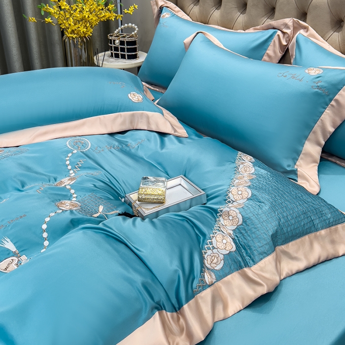 91家纺网 家纺一手货源 找家纺 绒世界 2024新款水洗真丝莱娅系列四件套 莱娅-孔雀蓝