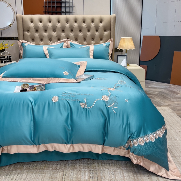 91家纺网 家纺一手货源 找家纺 绒世界 2024新款水洗真丝莱娅系列四件套 莱娅-孔雀蓝