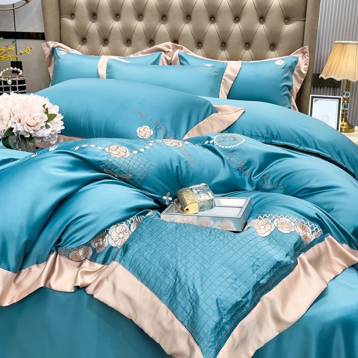 91家纺网 家纺一手货源 找家纺 绒世界 2024新款水洗真丝莱娅系列四件套 莱娅-孔雀蓝