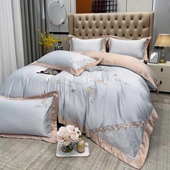 91家纺网 家纺一手货源 找家纺 绒世界 2024新款水洗真丝莱娅系列四件套 莱娅-山灰